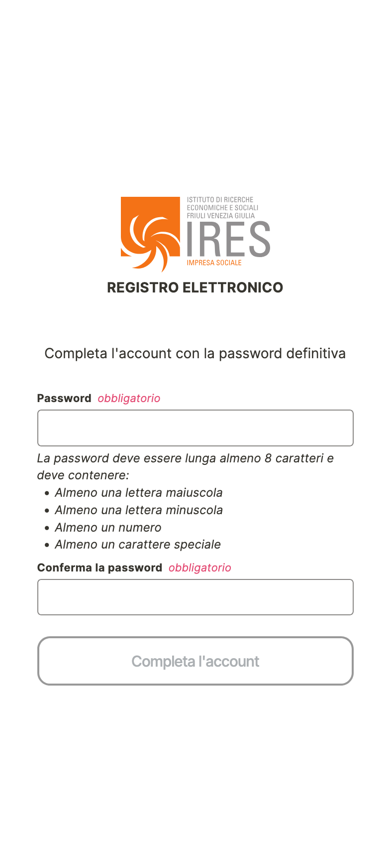 Pagina di definizione della password definitiva