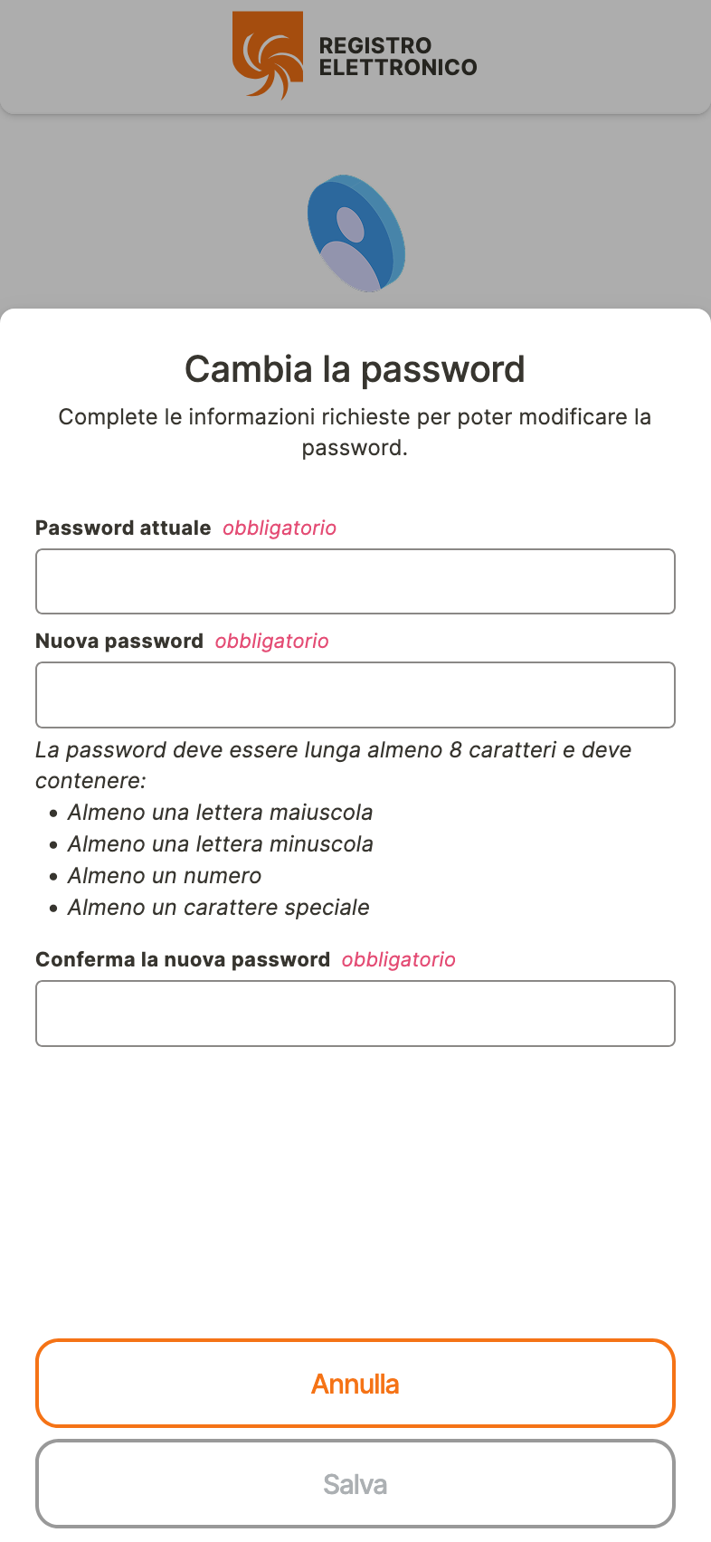 Layer per il cambio della password